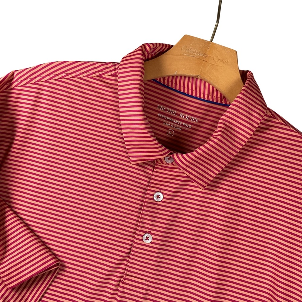 MICHEL ROUEN Performance Polo‎ Shirt Men's XL Red Pink Stripe Golf Casual